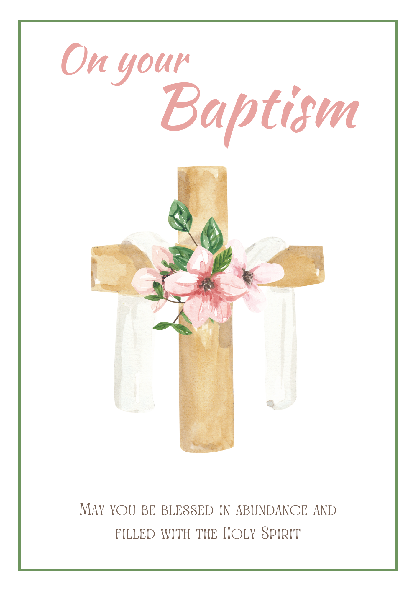 Baptism Card - Cross & Pink Floral