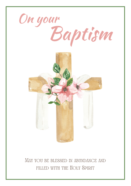 Baptism Card - Cross & Pink Floral